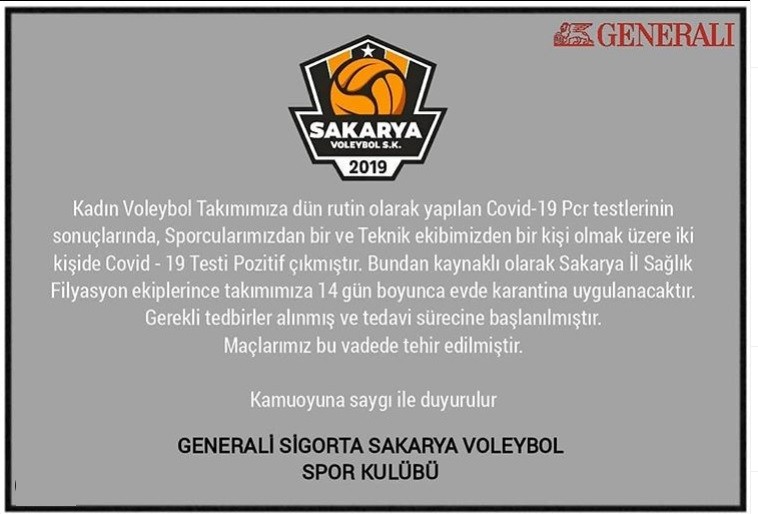 Sakarya Voleybol'da Covid-19 Vakası