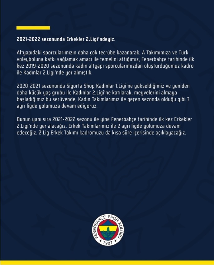 F.Bahçe 2021-2022 Sezonu'nda Erkekler 2.Ligi'nde