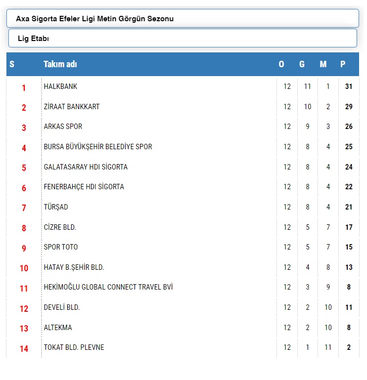 AXA Sigorta Efeler Ligi Metin Görgün Sezonu’nda 12. Hafta Sona Erdi