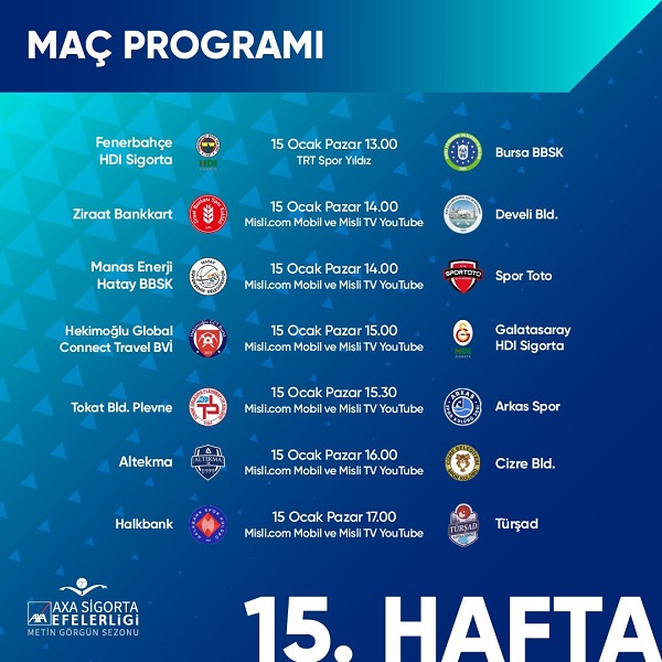 AXA Sigorta Efeler Ligi Metin Görgün Sezonu'nda 15. hafta başlıyor