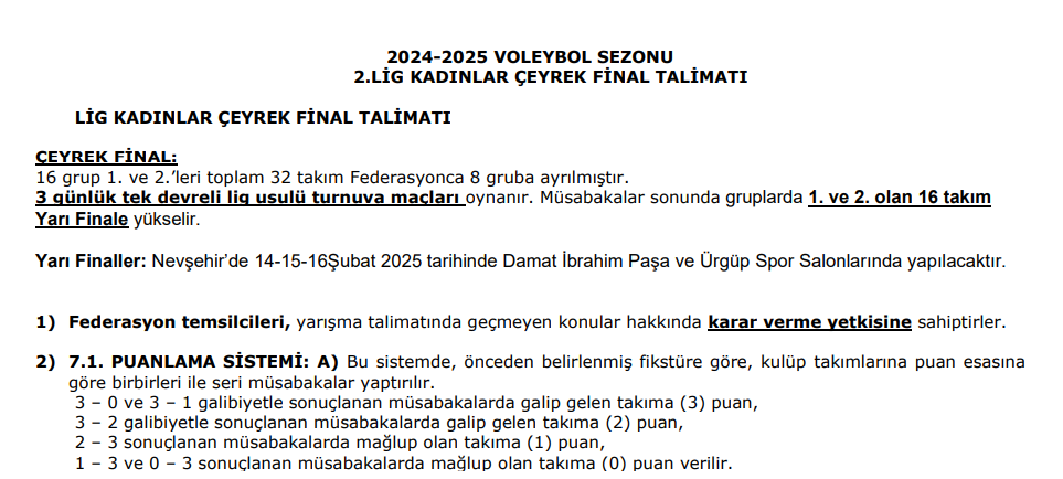 2.Lig Kadınlar Çeyrek Final Fikstürü, Talimatı ve Antrenman Programı Açıklandı