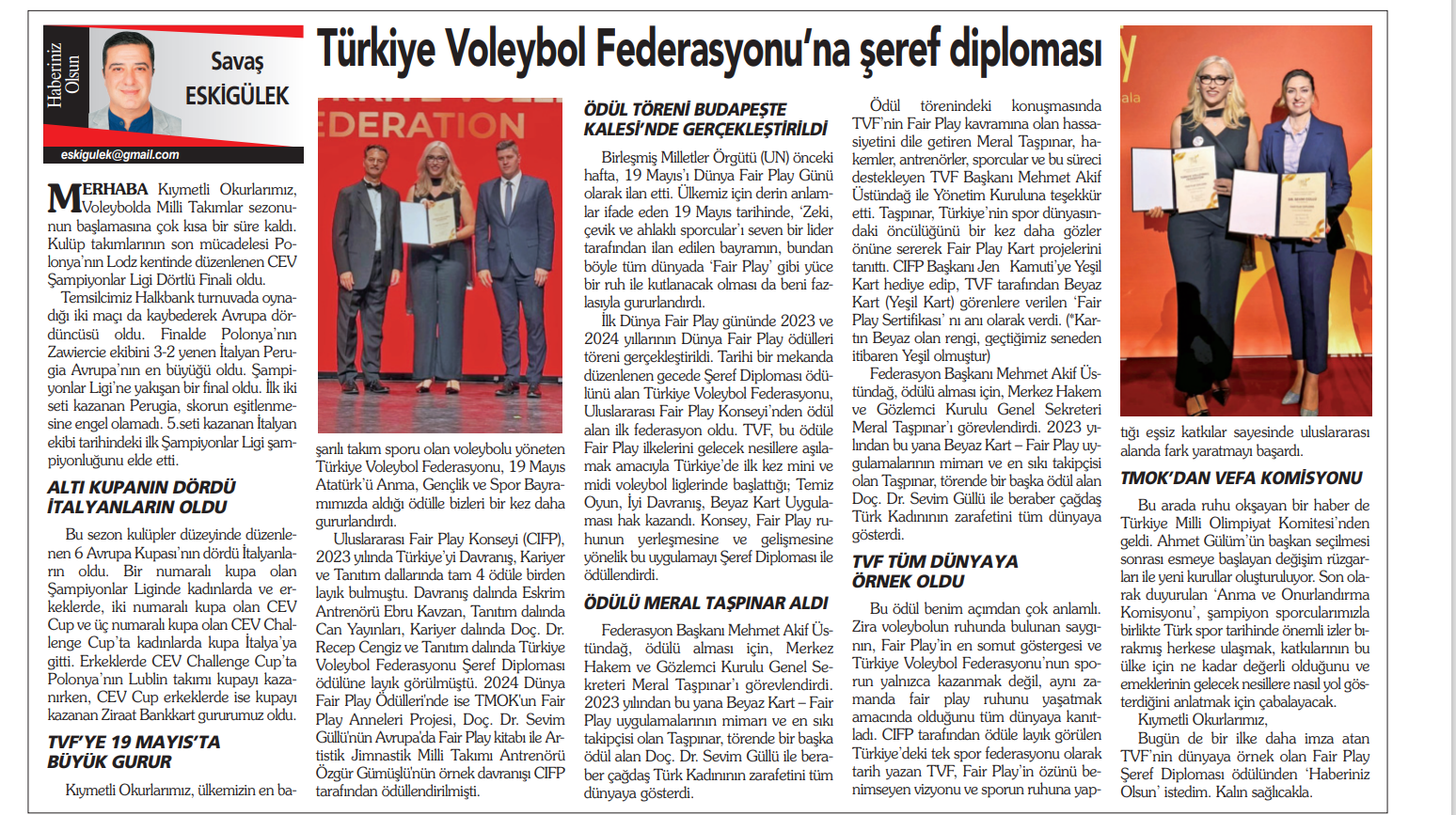 Türkiye Voleybol Federasyonu’na Şeref Diploması